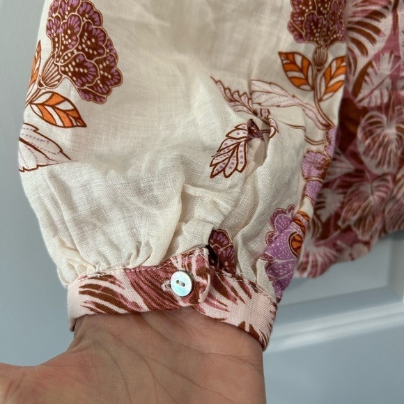 Tahari 100% Linen Popover Blouse Button Front Balloon Sleeve Leaf Floral Size S - Picture 6 of 8